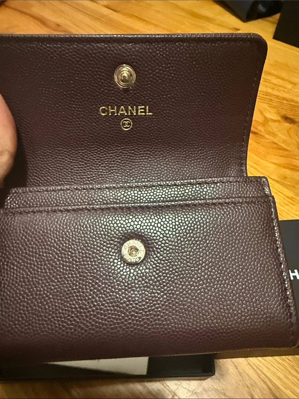 CHANEL Burgundy Pebbled Leather CC Folded Card Case